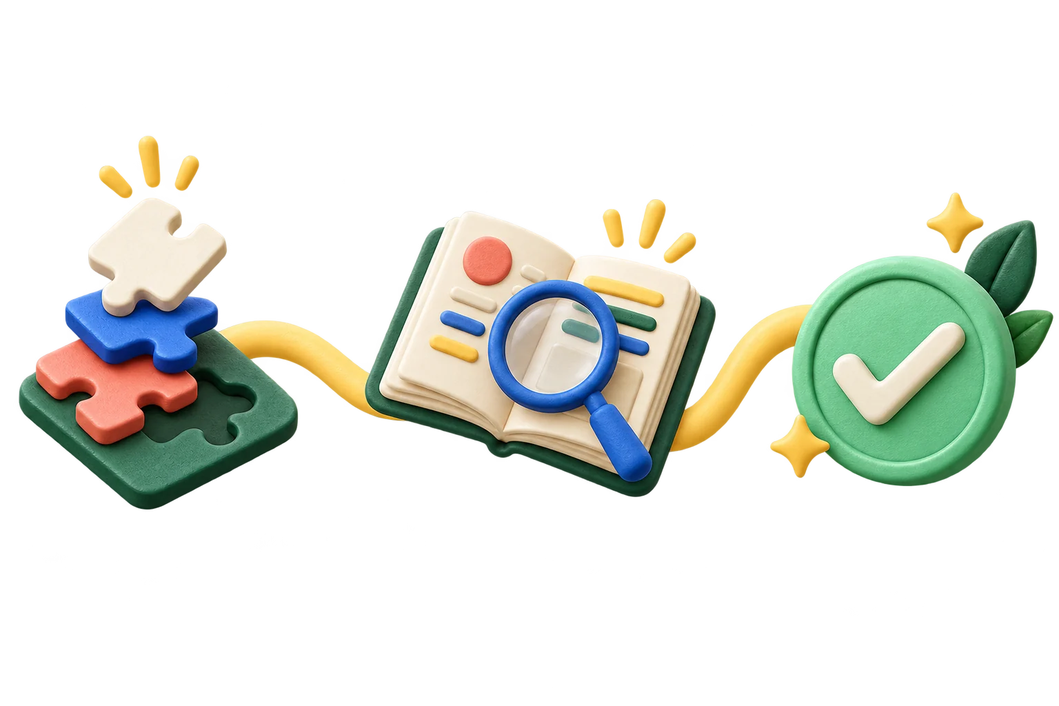 A puzzle, answer guide, and completed check connected in three steps